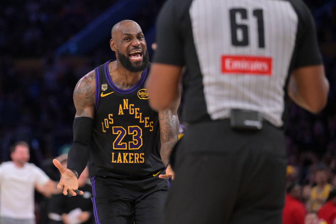  Los Angeles Lakers forward LeBron James pleads with referee Courtney Kirkland during the Lakers' playoff game against the Houston Rockets at Crypto.com Arena on April 21, 2026. Jayne Kamin-Oncea-Imagn Images