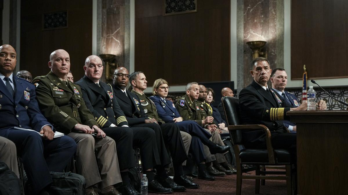 Adm. Brad Cooper, the head of U.S. Central Command, and Gen. Dagvin Anderson, right, commander of the U.S. Africa Command, testify before the Senate Armed Services Committee on Capitol Hill in Washington, on Thursday, May 14, 2026. Cooper, whose command covers the Middle East, is appearing before lawmakers as the Strait of Hormuz remains largely closed and efforts to reach a lasting deal with Iran have made little progress. (Haiyun Jiang/The New York Times)