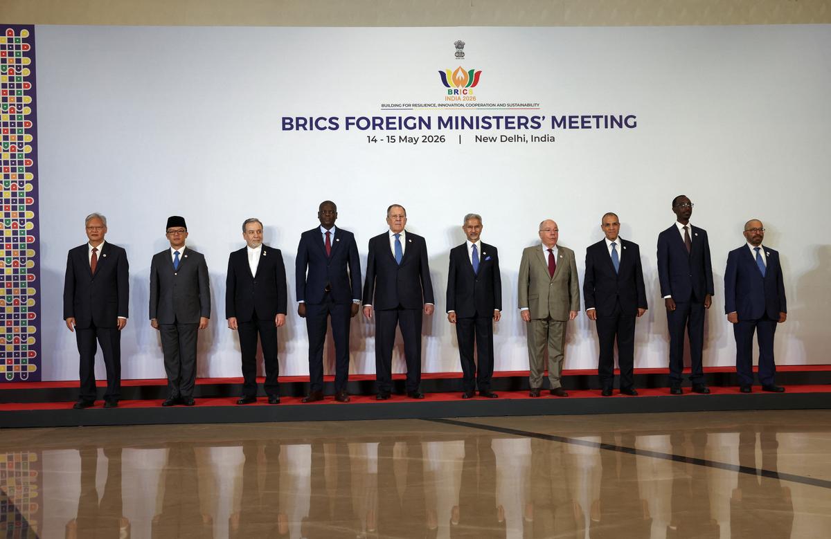 China's Ambassador to India Xu Feihong, Indonesia's Foreign Minister Sugiono, Iran's Foreign Minister Abbas Araqchi, South Africa's Foreign Minister Ronald Lamola, Russia's Foreign Minister Sergei Lavrov, India's Foreign Minister Subrahmanyam Jaishankar, Brazil's Foreign Minister Mauro Vieira, Egypt's Foreign Minister Badr Abdelatty, Ethiopia's Foreign Minister Gedion Timothewos and UAE's Minister of State for Foreign Affairs Khalifa bin Shaheen Al Marar pose for a family photo during the BRICS foreign ministers' meeting at Bharat Mandapam in New Delhi, India May 14, 2026. REUTERS/Adnan Abidi