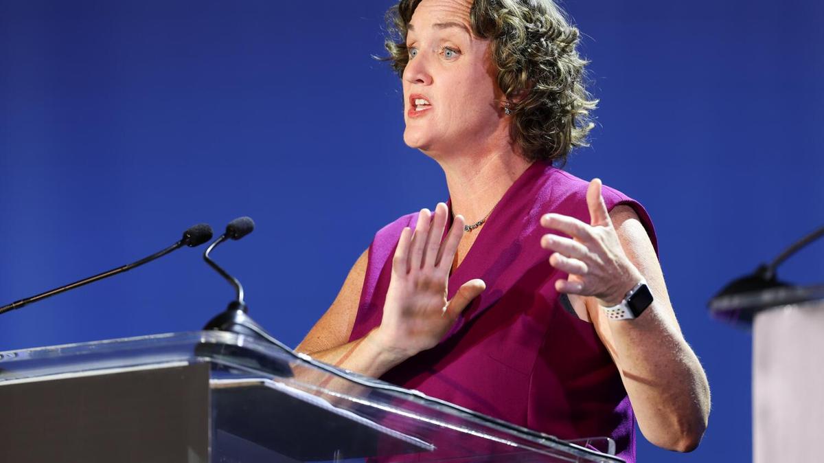 Katie Porter takes part in a gubernatorial debate sponsored by CBS Television Stations, in partnership with Asian Pacific American Public Affairs (APAPA), at Pomona College on Tuesday, April 28, 2026, in Claremont, California. (Eric Thayer/Los Angeles Times/TNS)