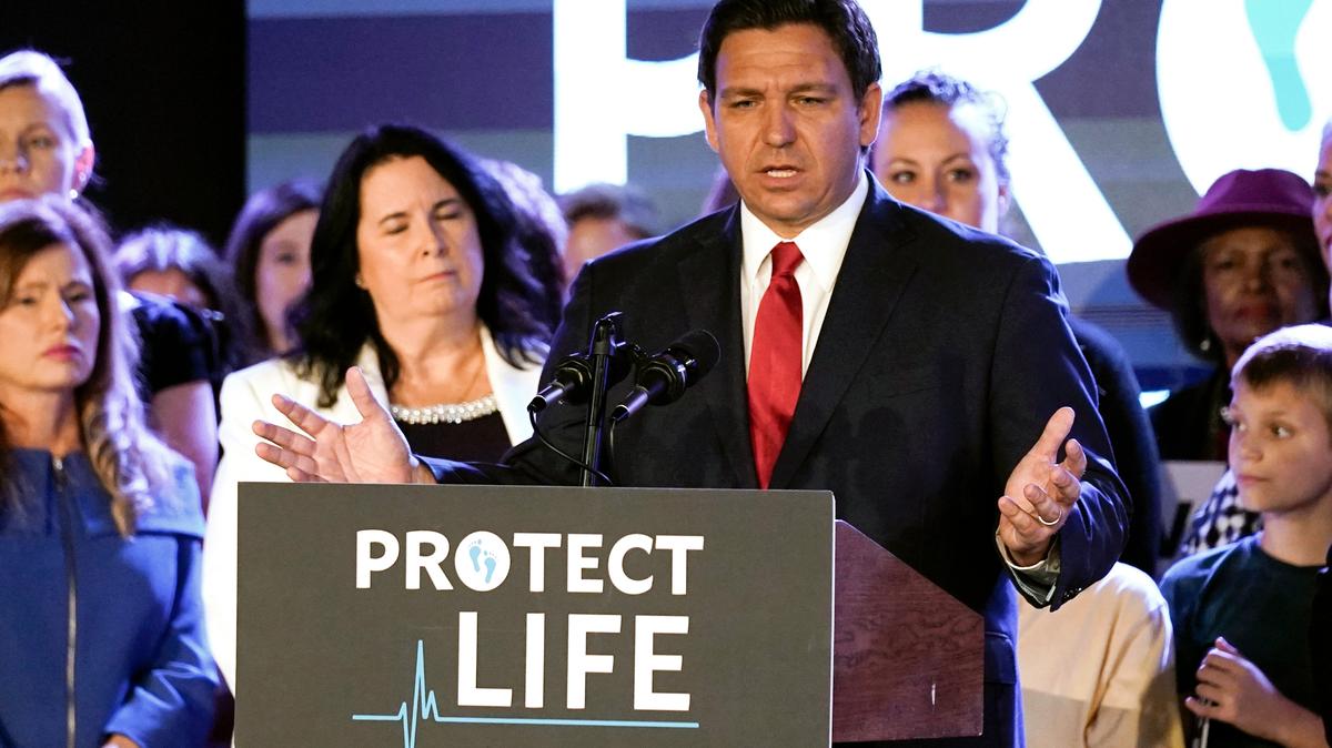 Florida Gov. Ron DeSantis speaks to supporters before signing a 15-week abortion ban into law Thursday, April 14, 2022, in Kissimmee, Fla. The law goes into effect July 1, 2022.