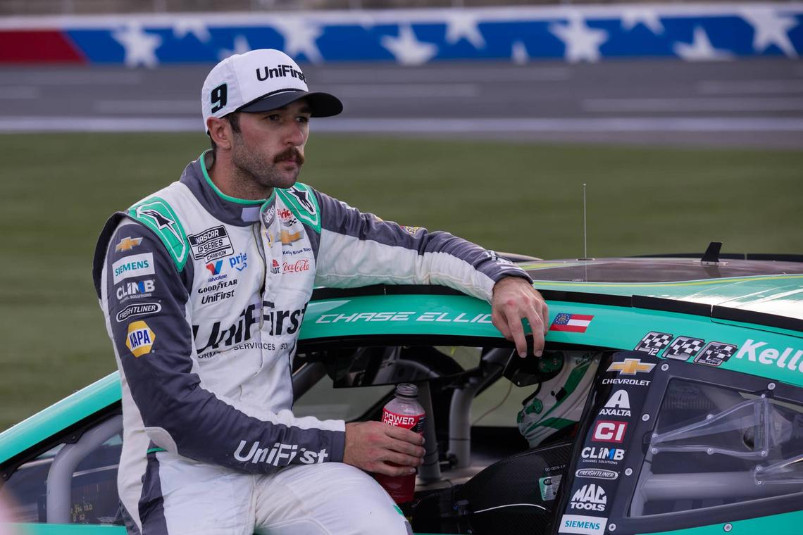  NASCAR Cup Series driver Chase Elliott (9) relaxes after a race at Charlotte Motor Speedway Road Course. Scott Kinser-Imagn Images