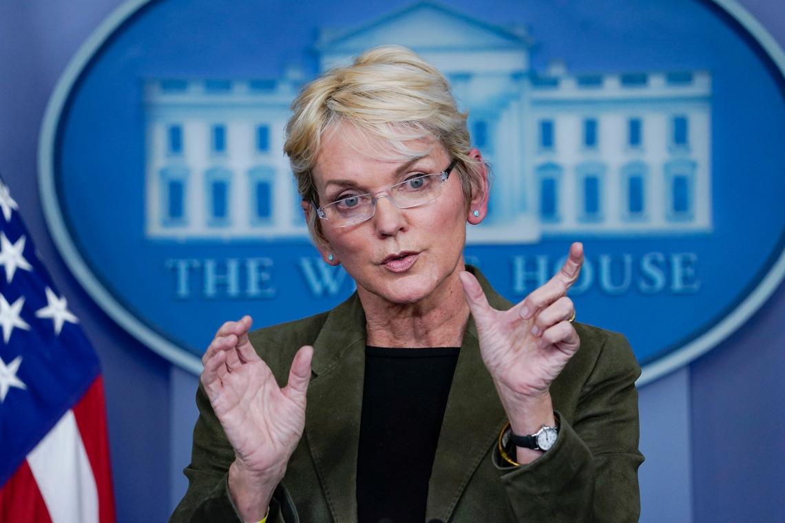 Energy Secretary Jennifer Granholm speaks during a press briefing at the White House. She plans to visit the Hanford site and Pacific Northwest National Laboratory in Richland this week.
