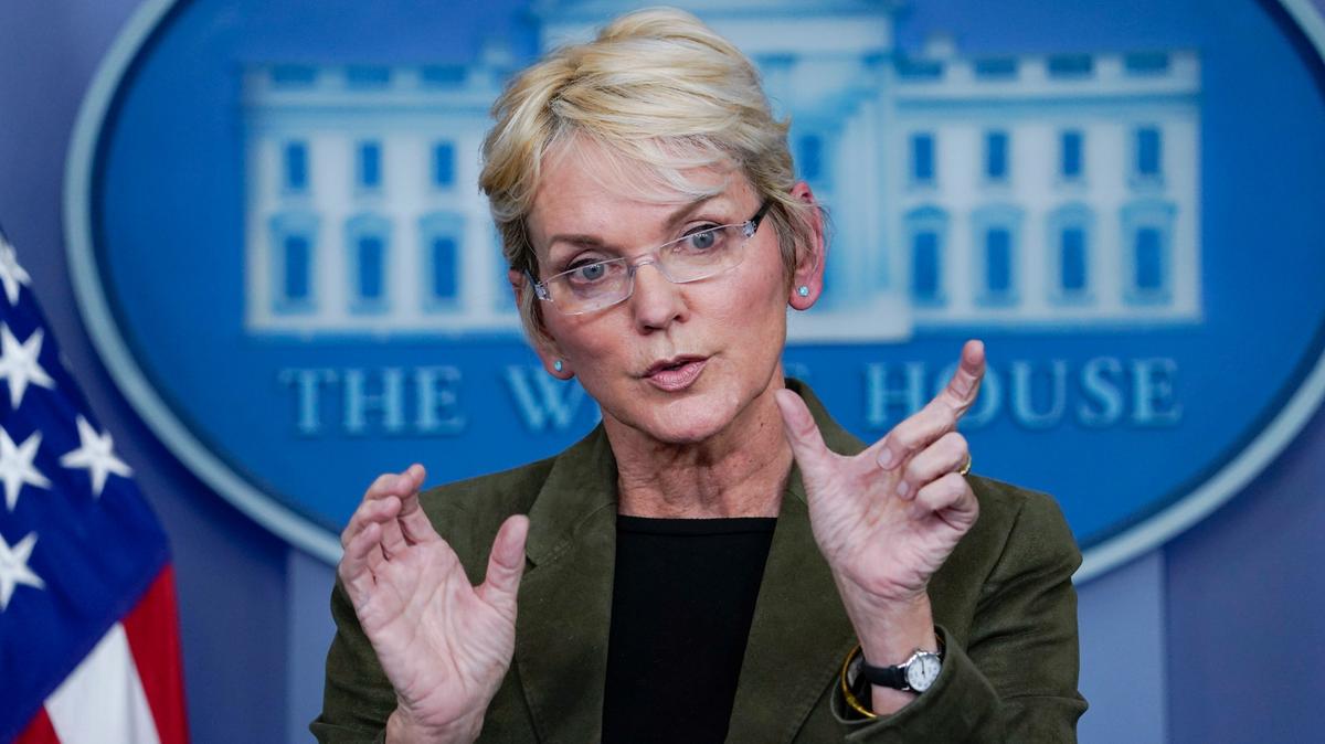 Energy Secretary Jennifer Granholm speaks during a press briefing at the White House. She plans to visit the Hanford site and Pacific Northwest National Laboratory in Richland this week.
