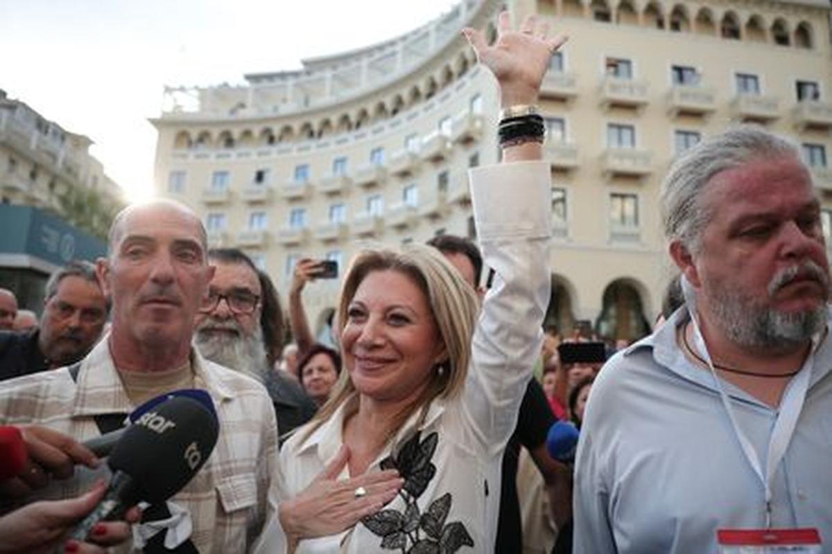 Maria Karystianou, whose 19-year-old daughter died in the deadly February 2023 Tempi train crash, arrive for an event to announce her political party, "Hope for Democracy," in Thessaloniki, Greece, May 21, 2026. REUTERS/Alexandros Avramidis