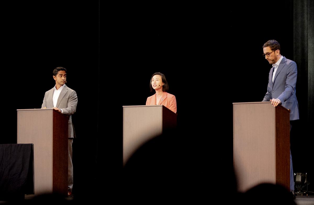 FILE -- From left: Saikat Chakrabarti, Connie Chan and Scott Wiener, who are vying for the House seat held by the outgoing Rep. Nancy Pelosi (D-Calif.), debate in San Francisco on March 31, 2026. Pelosi and Rep. Jerrold Nadler (D-N.Y.) are retiring, prompting competitive races to succeed them. Whoever wins their seats could tap big donors and shape the Democratic Party. (Cayce Clifford/The New York Times)