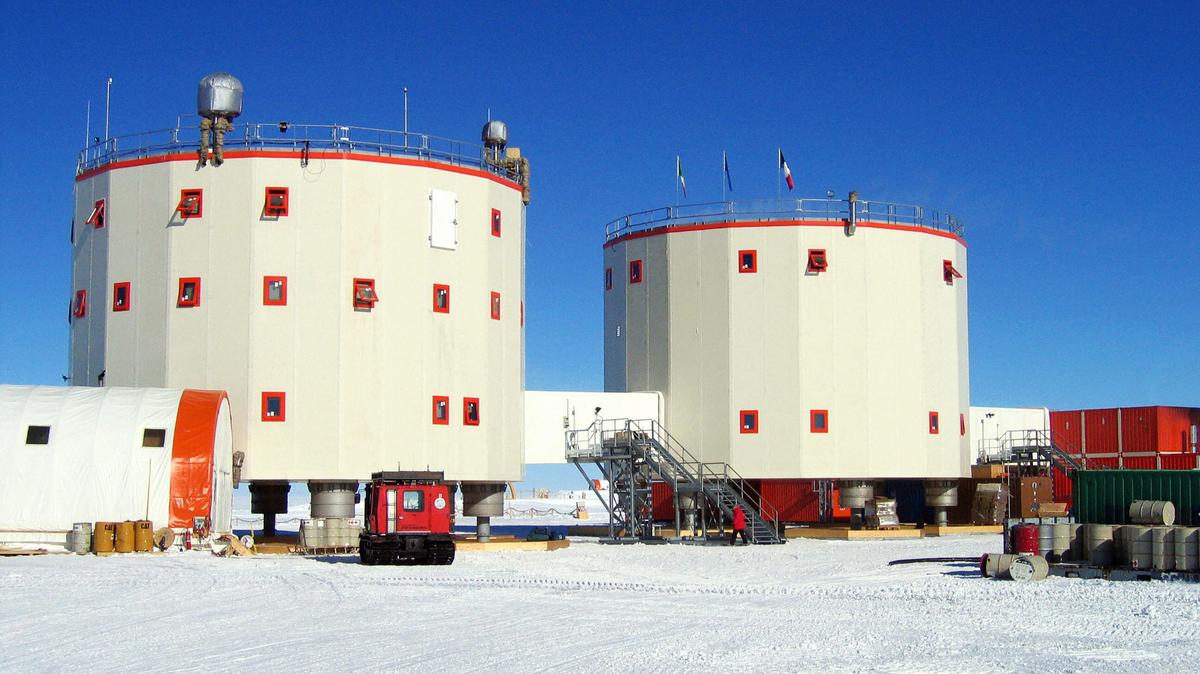 This file photo from Jan. 27, 2007, shows the two towers of the Franco-Italian climate station Concordia, situated at the Antarctic at an altitude of 3200 meters. Scientists at the Concordia station are studying the ozone layer that protects the earth from dangerous ultraviolet radiation. (Guy Clavel/AFP via Getty Images)