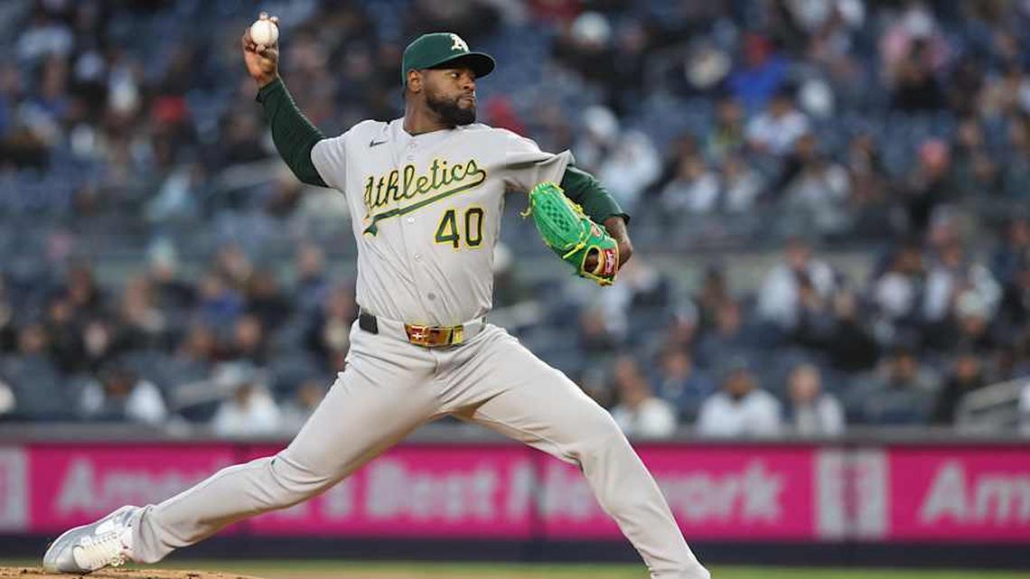  Apr 8, 2026; Bronx, New York, USA; Athletics starting pitcher Luis Severino (40) pitches in the first inning against the New York Yankees at Yankee Stadium. | Wendell Cruz-Imagn Images 