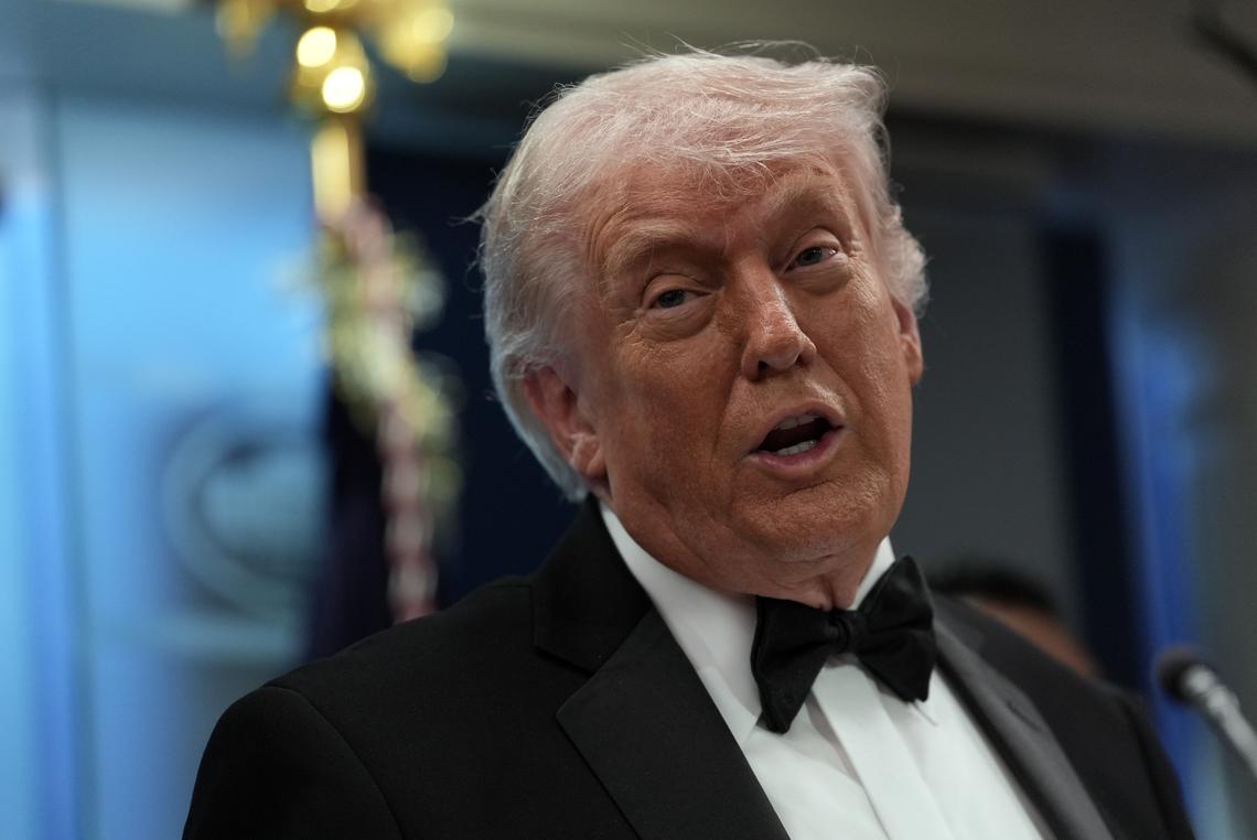 President Donald Trump briefs reporters at the White House after shots were fired during the White House Correspondents' Association dinner at the Washington Hilton in Washington on Saturday, April 25, 2026. Trump was rushed from the stage but was unharmed. (Salwan Georges/The New York Times)
