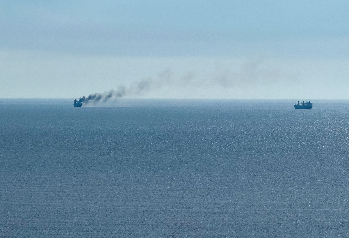 A civilian vessel is on fire, as Ukraine's navy spokesman reported a Russian military strike on a civilian vessel, amid Russia's attack on Ukraine, near the Black Sea port of Odesa, Ukraine, July 14, 2026. Picture taken with a mobile phone. REUTERS/Victor Sayenko