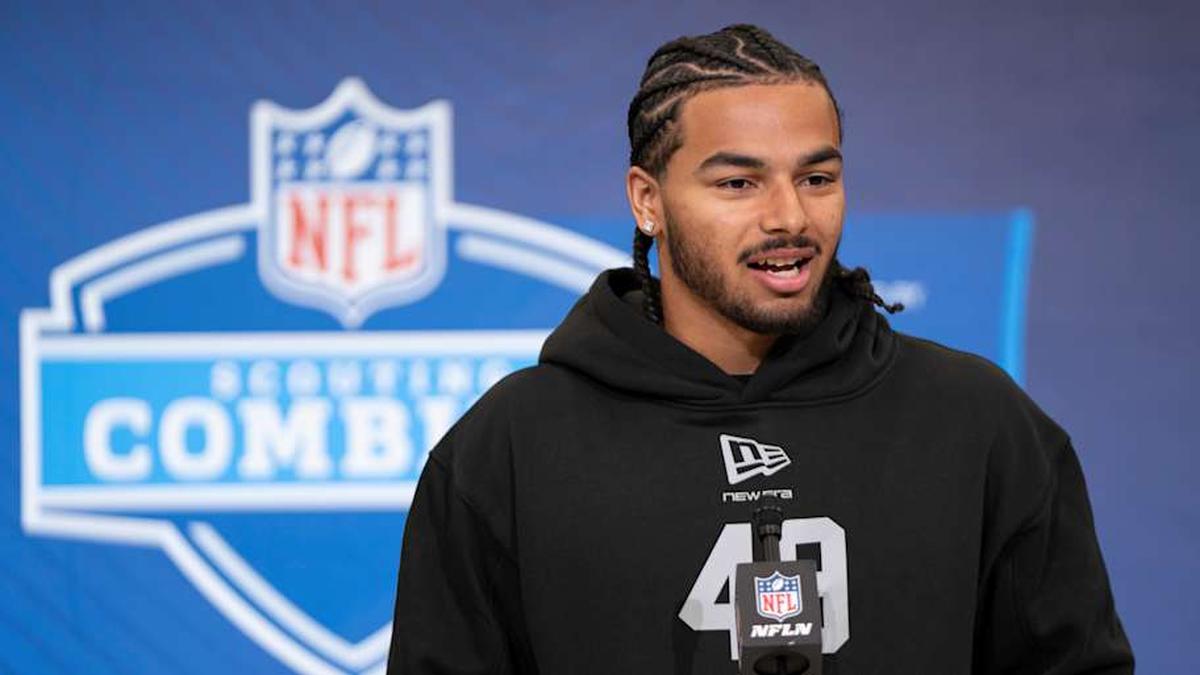  Feb 26, 2026; Indianapolis, IN, USA; Arizona defensive back Treydan Stukes (DB49) speaks to members of the media during the NFL Combine at the Indiana Convention Center. Mandatory Credit: Jacob Musselman-Imagn Images | Jacob Musselman-Imagn Images 
