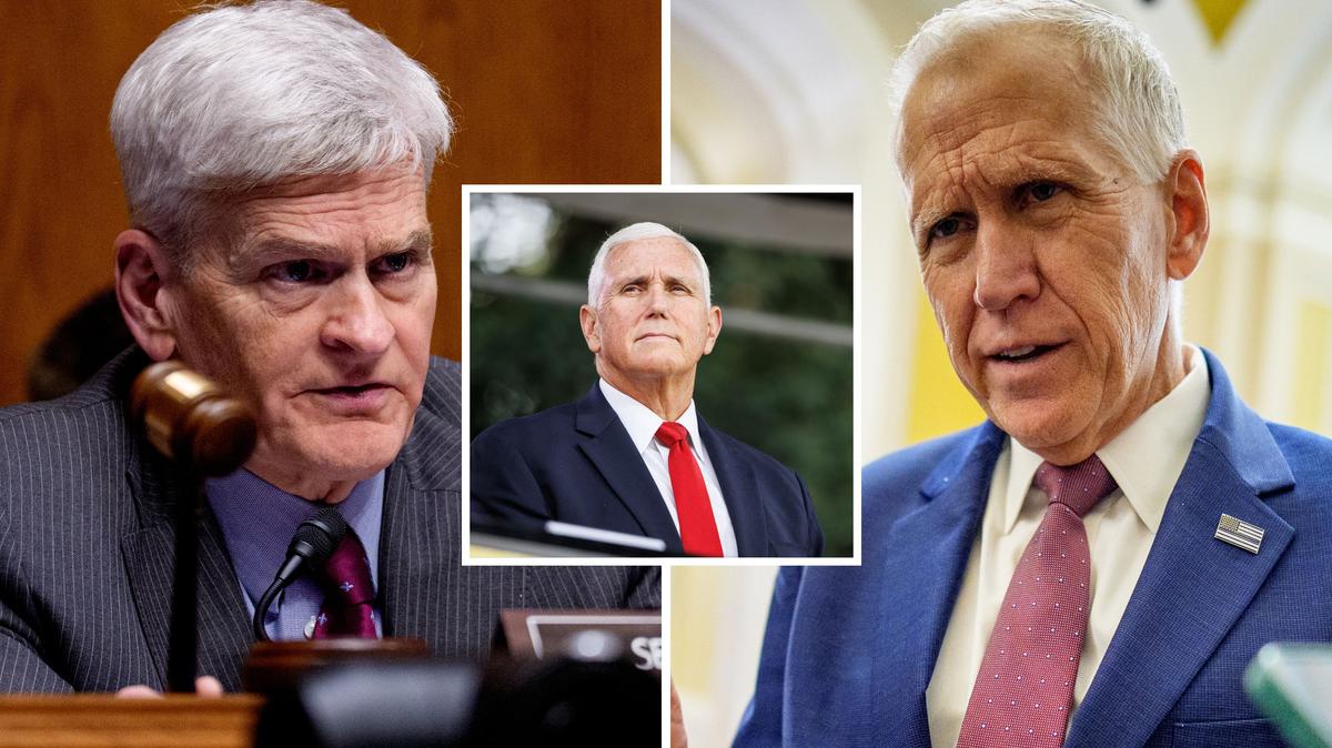 Cassidy-Pence-Tillis-weaponization-bill. The list of prominent Republicans opposed to Trump's anti-weaponization fund is growing and now includes, from left, Senator Bill Cassidy, former Vice President Mike Pence, and Senator Thom Tillis. 