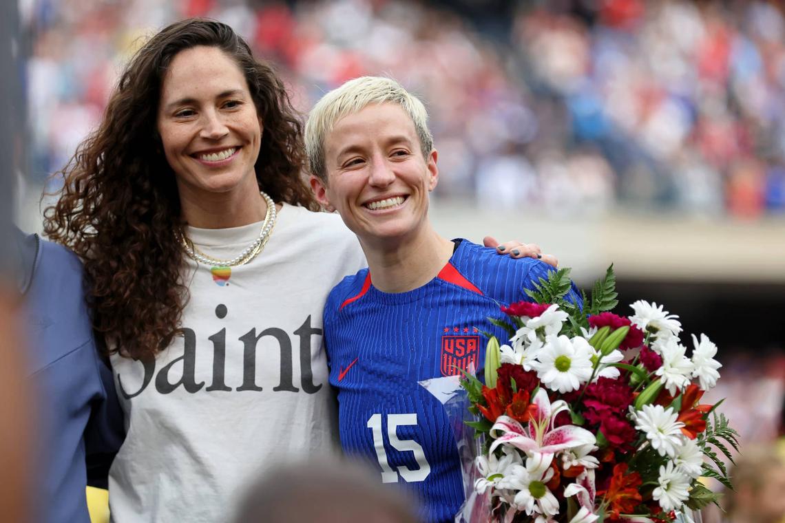  Sep 24, 2023; Chicago, Illinois, USA; (Editors Note: Caption Correction) United States forward Megan Rapinoe (15) and her fiance Sue Bird during a ceremony to honor her national team career before the game against South Africa at Soldier Field. Mandatory Credit: Jon Durr-USA TODAY Sports 