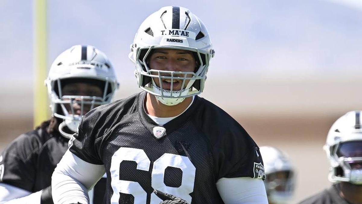  Jun 11, 2025; Henderson, NV, USA; Las Vegas Raiders defensive tackle Treven Ma'ae (68) warms ups during Las Vegas Raiders Minicamp at Intermountain Health Performance Center. Mandatory Credit: Candice Ward-Imagn Images | Candice Ward-Imagn Images 