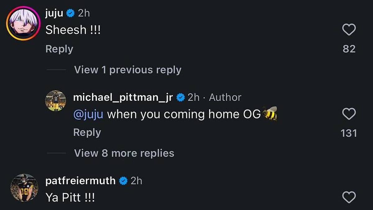  Juju Smith Schuster comments on Pittsburgh Steelers wide receiver Michael Pittman Jr.'s Instagram post. | Instagram screen shot 