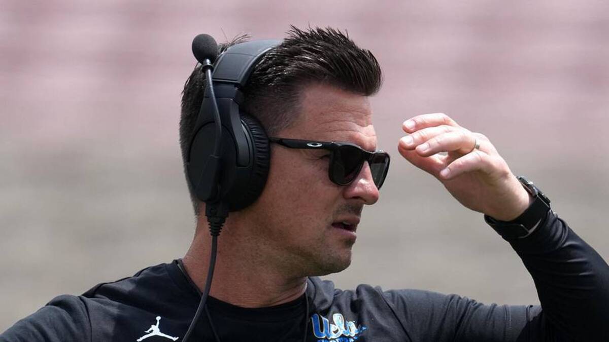  May 2, 2026; Pasadena, CA, USA; UCLA Bruins coach Bob Chesney reacts during the spring game at Rose Bowl. Mandatory Credit: Kirby Lee-Imagn Images | Kirby Lee-Imagn Images 