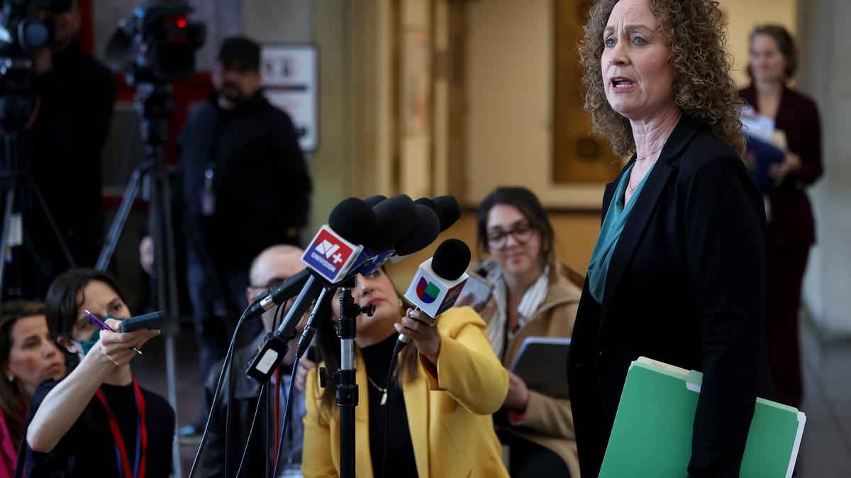 Cook County public defender Julie Koehler speaks to media following a court hearing for Jose Medina at the Leighton Criminal court building, in Chicago, Friday, March 27, 2026. Medina is a suspect in the murder of Loyola University freshman Sheridan Gorman.   (Antonio Perez/Chicago Tribune/TNS)