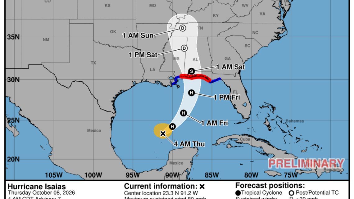 Latest update from the NHC on Category 1 Hurricane Isaias for Thursday, Oct. 8 