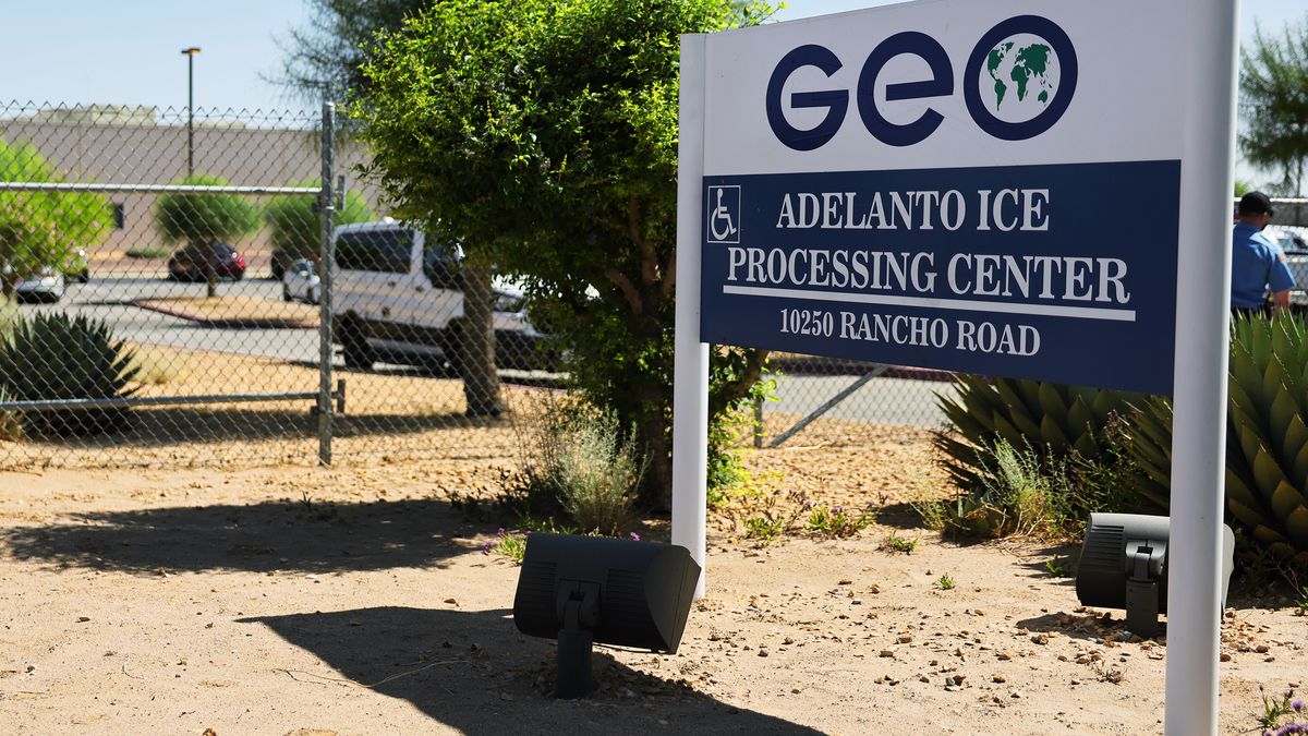A sign is posted at the GEO Group-owned Adelanto ICE Processing Center on June 17, 2025 in Adelanto, California. Five U.S. House members visited the facility "to demand answers regarding unlawful immigration raids, denial of due process, and new allegations that U.S. citizens may have been swept up in enforcement actions.'' (Mario Tama/Getty Images/TNS)