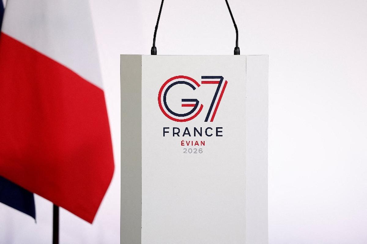 The logo of the G7 Evian summit is seen on desk during a press conference at a meeting of G7 trade ministers in Paris, France, May 6, 2026. REUTERS/Benoit Tessier/Pool/File Photo