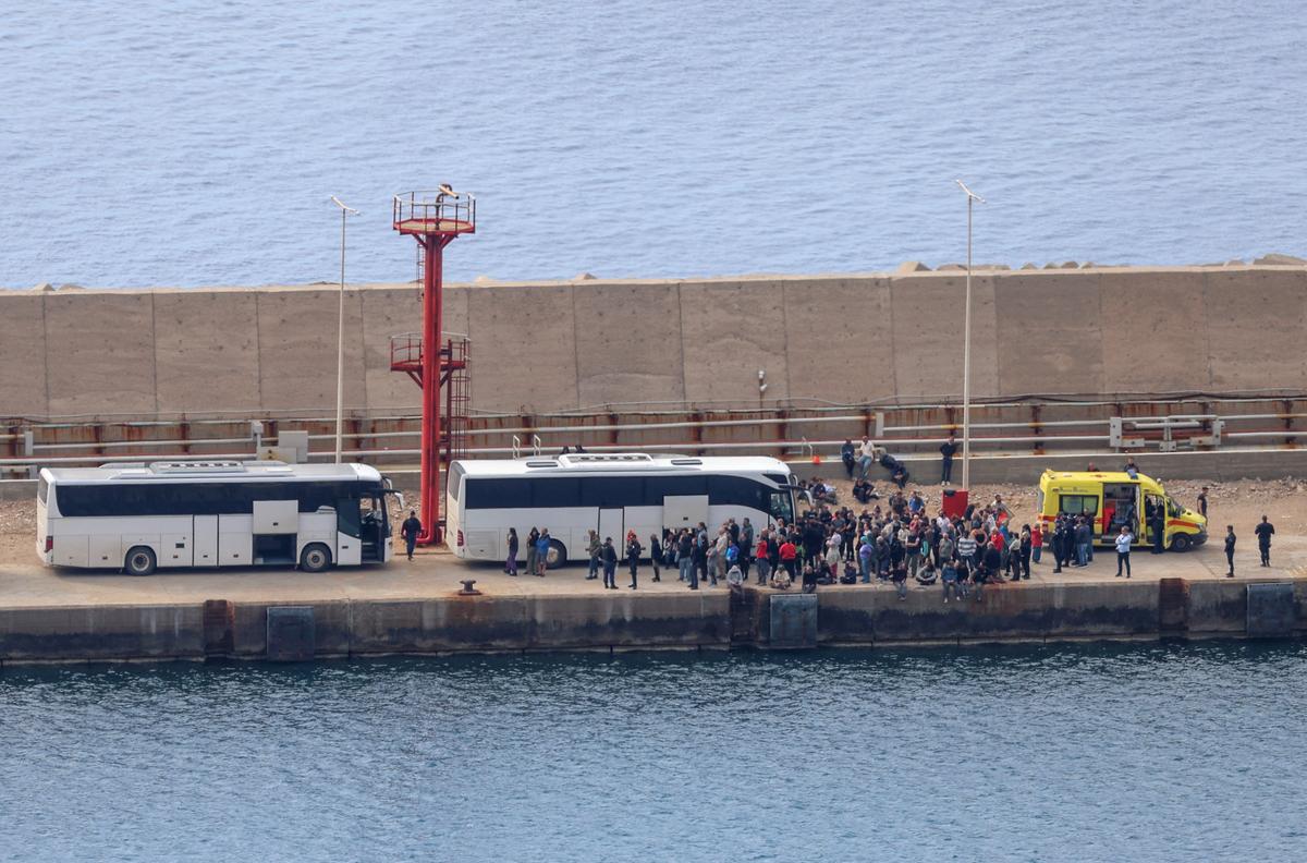 Activists of the Global Sumud Flotilla, which was intercepted on international waters by the Israeli Navy, prepare to board buses, at the port of Atherinolakkos, on the island of Crete, Greece, May 1, 2026. REUTERS/Stefanos Rapanis