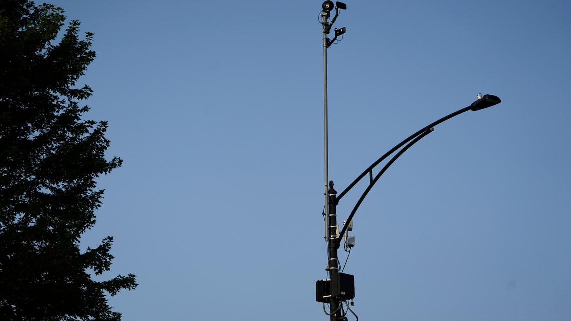 ShotSpotter equipment overlooks the intersection of South Stony Island Avenue and East 63rd Street in Chicago on Tuesday, Aug. 10, 2021.