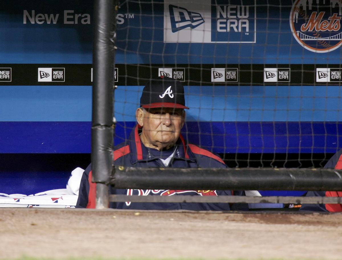 FILE-- The Atlanta Braves manager Bobby Cox, during a game against the New York Mets at Shea Stadium in Queens on April 17, 2006. Cox, a Hall of Famer who led the Atlanta Braves to five National League pennants and a World Series championship and ranks No. 4 for career victories as a manager, died in Marietta, Ga. on May 9, 2026. He was 84. (G. Paul Burnett/New York Times)