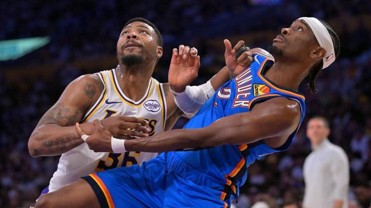  May 9, 2026; Los Angeles, California, USA; Los Angeles Lakers guard Marcus Smart (36) and Oklahoma City Thunder guard Shai Gilgeous-Alexander (2) fight for position on the court in the first half of game three of the second round of the 2026 NBA Playoffs at Crypto.com Arena. Mandatory Credit: Jayne Kamin-Oncea-Imagn Images | Jayne Kamin-Oncea-Imagn Images 