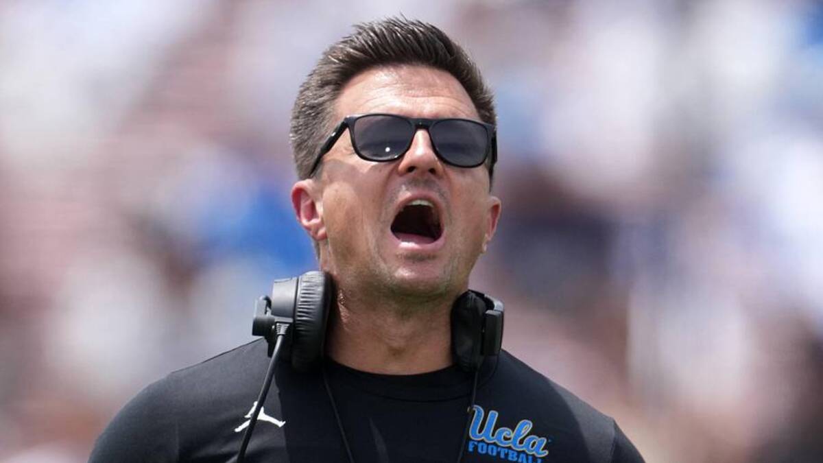  May 2, 2026; Pasadena, CA, USA; UCLA Bruins coach Bob Chesney reacts during the spring game at Rose Bowl. Mandatory Credit: Kirby Lee-Imagn Images | Kirby Lee-Imagn Images 