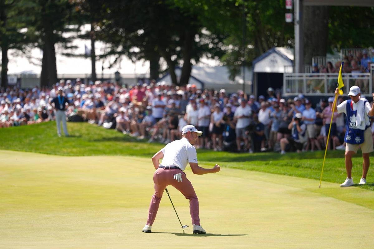  Justin Thomas reacts after making his putt to save par on the 18th hole during the final round of the PGA Championship at Aronimink Golf Club on Sunday, May 17, 2026, in Newtown Square, Pennsylvania. (Photo by Darren Carroll/PGA of America)