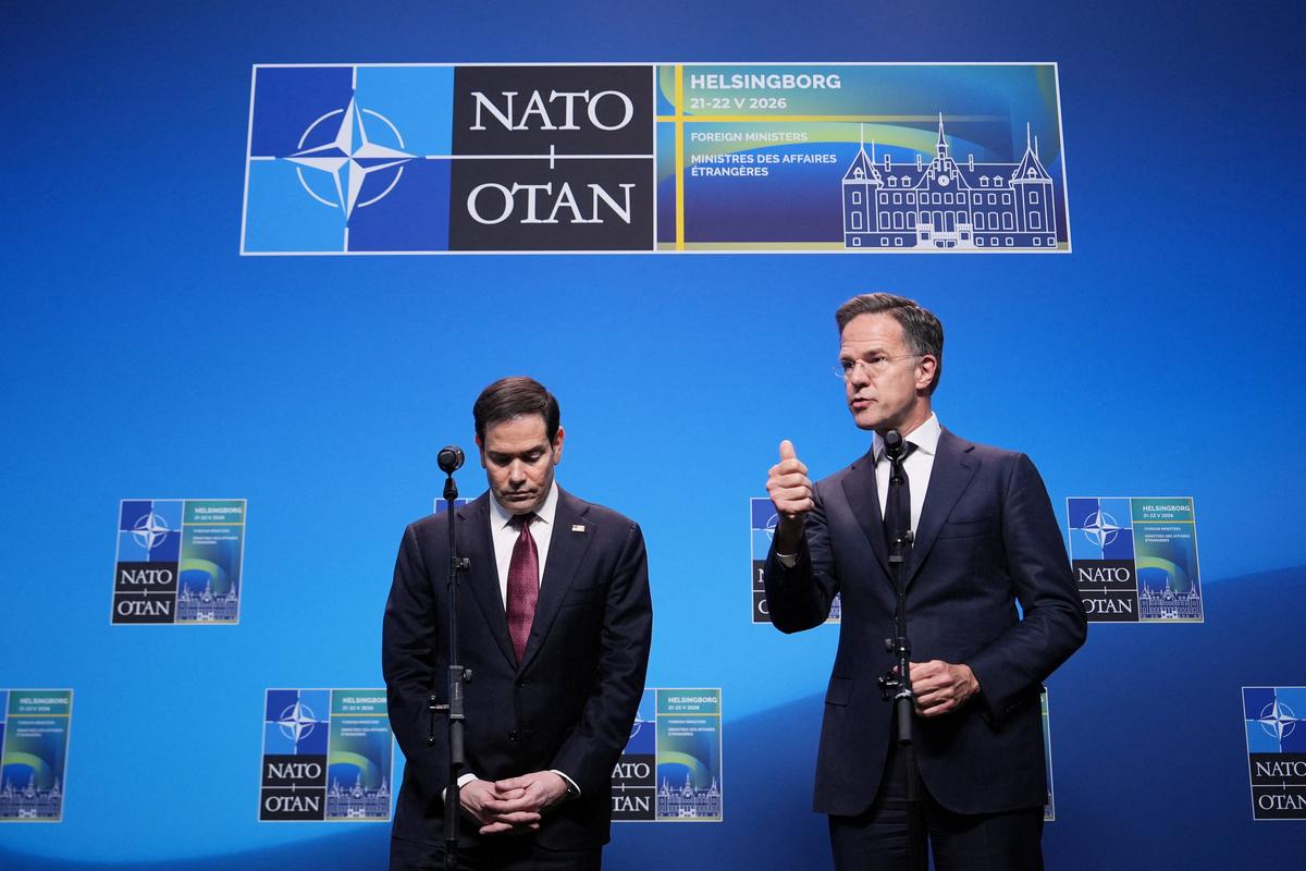 United States Secretary of State Marco Rubio, left, and NATO Secretary General Mark Rutte deliver a statement during a meeting of NATO foreign ministers in Helsingborg, Sweden, Friday, May 22, 2026.     Julia Demaree Nikhinson/Pool via REUTERS