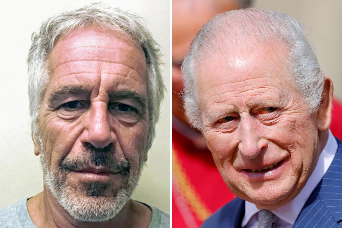  L: Jeffrey Epstein’s 2019 mug shot. R: King Charles III at Windsor Castle on April 5, 2026. 