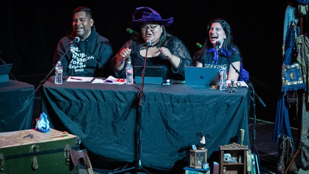 Los Angeles, CA - May 17, 2026 : Eunisses Hernandez introduces his D&D character at The Democratic Socialists of America fundraiser where celebrity Dungeons and Dragons game master Brennan Lee Mulligan leads six DSA candidates (Hugo Soto-Martinez (left), Eunisses Hernandez, Estuardo Mazariegos, Faizah Malik, Marissa Roy (right) and Dr. Rocio Rivas) in a D&D game on Sunday, May 17, 2026 in Los Angeles, CA. (Jason Armond / Los Angeles Times)
