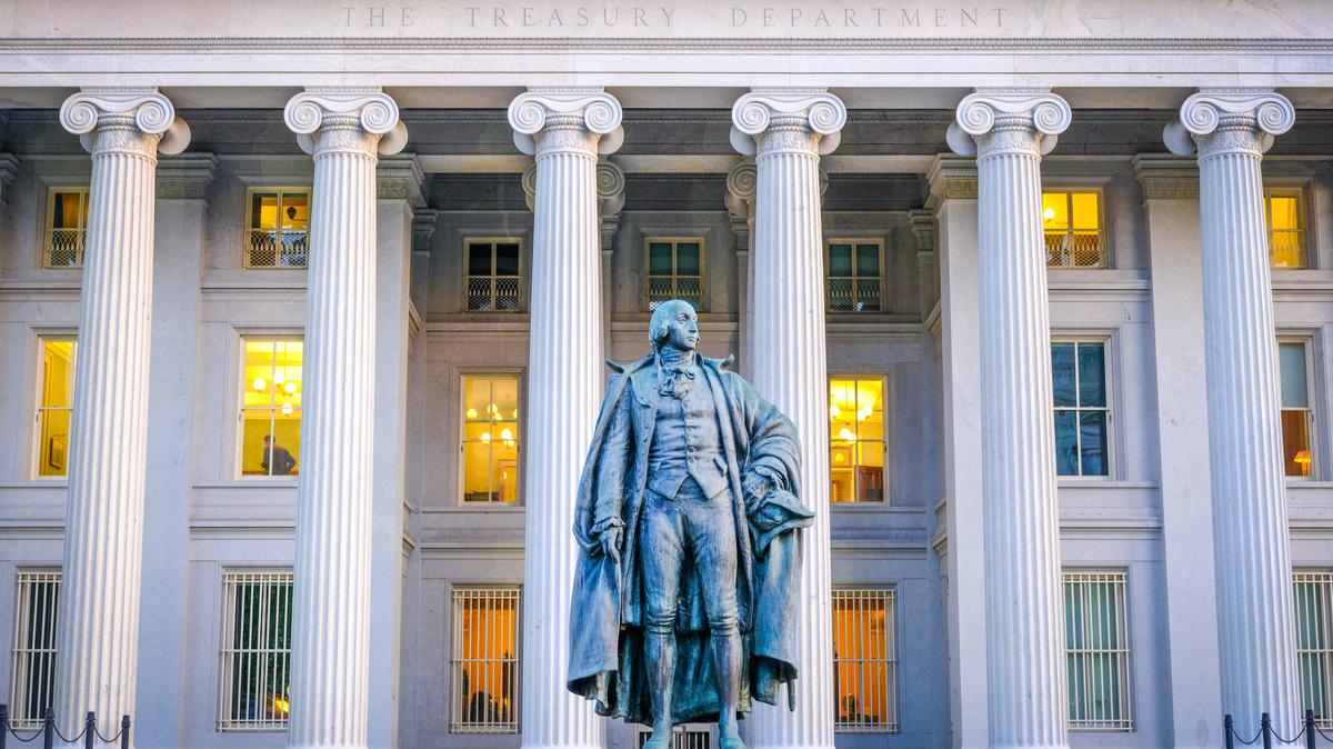 Treasury Department Headquarters. The statue of former Treasury Secretary Albert Gallatin stands in front of the north wing of the U.S. Treasury Department headquarters building on April 24, 2025, in Washington, DC. 