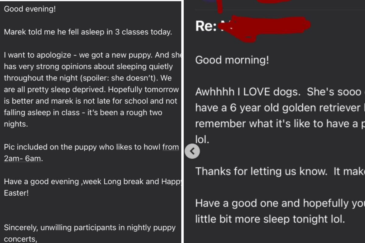  Screenshots from an Instagram post by @jessandsage of an email exchange between a parent and her son’s teacher explaining the reason why her son fell asleep in class. 