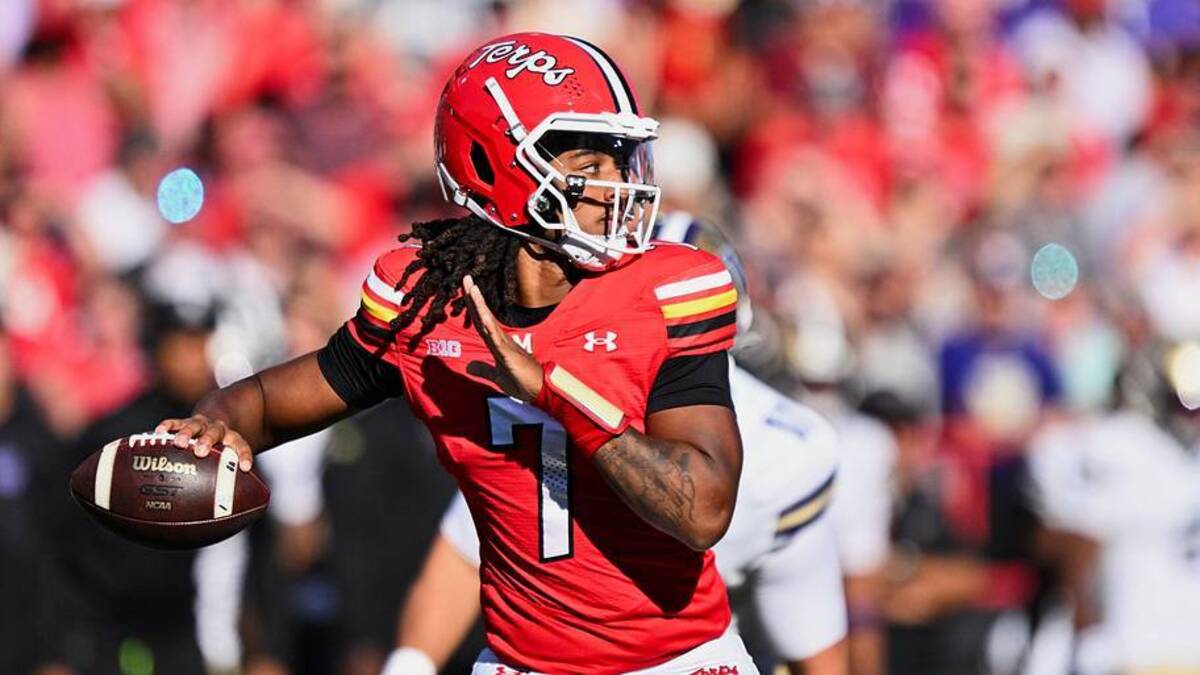  Oct 4, 2025; College Park, Maryland, USA; Maryland Terrapins quarterback Malik Washington (7) throws against the Washington Huskies at SECU Stadium. Mandatory Credit: Jamie Sabau-Imagn Images | IMAGN IMAGES via Reuters Connect 