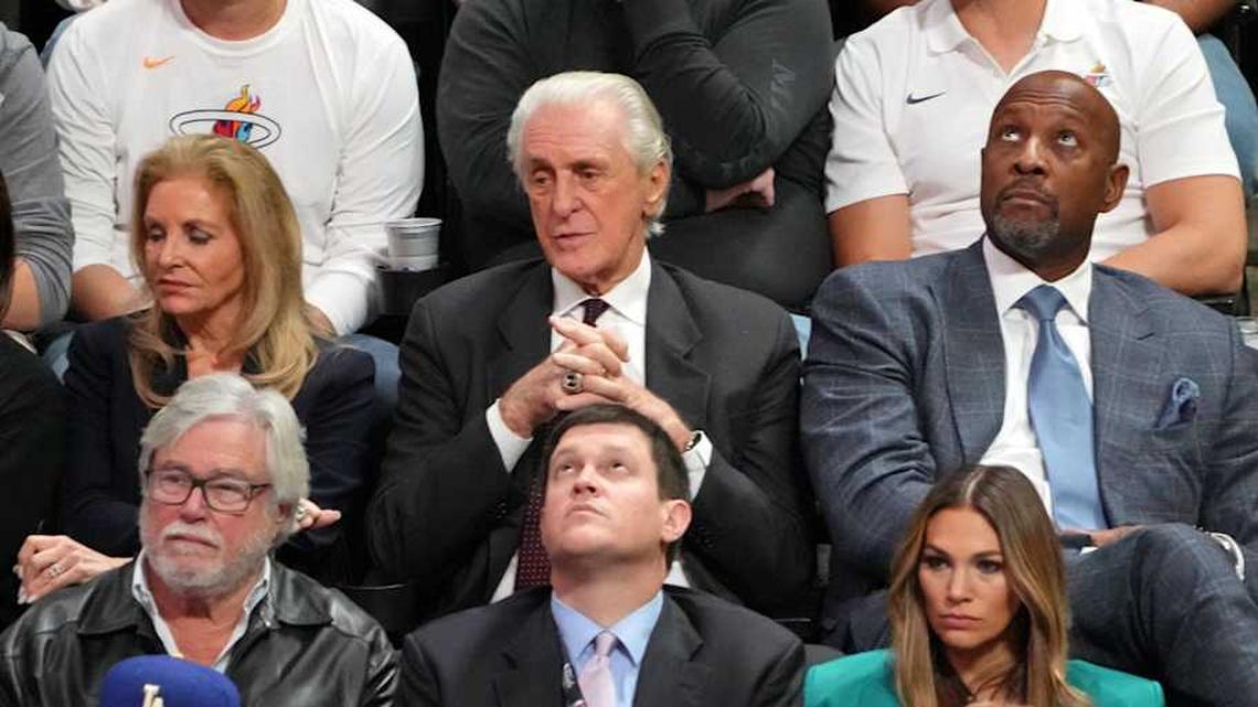  Jun 1, 2023; Denver, CO, USA; Miami Heat owner Micky Arison (middle left), president Pat Riley (top center), and vice president of player programs Alonzo Mourning (center right) attend game one of the 2023 NBA Finals against the Denver Nuggets at Ball Arena. Mandatory Credit: Kyle Terada-Imagn Images | Kyle Terada-Imagn Images 