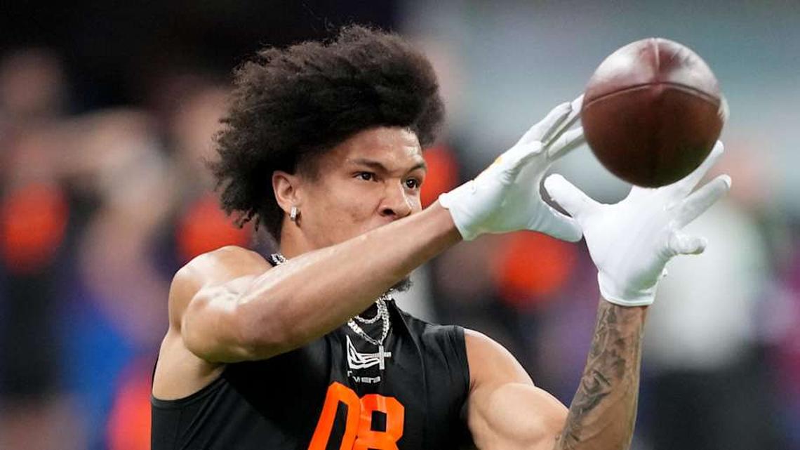  Feb 28, 2026; Indianapolis, IN, USA; Washington wideout Denzel Boston (WO08) during the NFL Scouting Combine at Lucas Oil Stadium. Mandatory Credit: Kirby Lee-Imagn Images | Kirby Lee-Imagn Images 