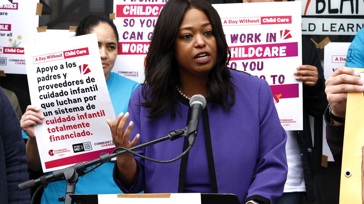 Ward 4 Councilmember Janeese Lewis George joins parents, educators, organizers, and their children at a SPACEs In Action and Blandis Childcare Center rally to demand funding for the Pay Equity Fund and childcare subsidies at the Blandis Childcare Center on March 27, 2026, in Washington, D.C. (Paul Morigi/SPACEs in Action/Getty Images/TNS)