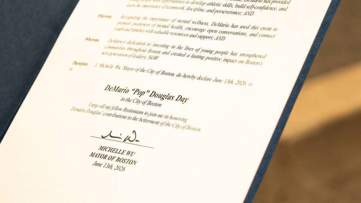  DeMario Douglas was given a certificate from Boston mayor Michelle Wu's office, proclaiming June 13, 2026 as "DeMario 'Pop' Douglas Day." | Contributed by Brunswick Sports Management 