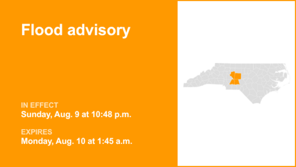 Flood advisory affecting the Piedmont region until 1 a.m. Monday, says the NWS 