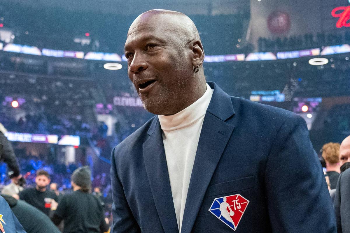  NBA great Michael Jordan is honored for being selected to the NBA 75th Anniversary Team. © Kyle Terada-Imagn Images