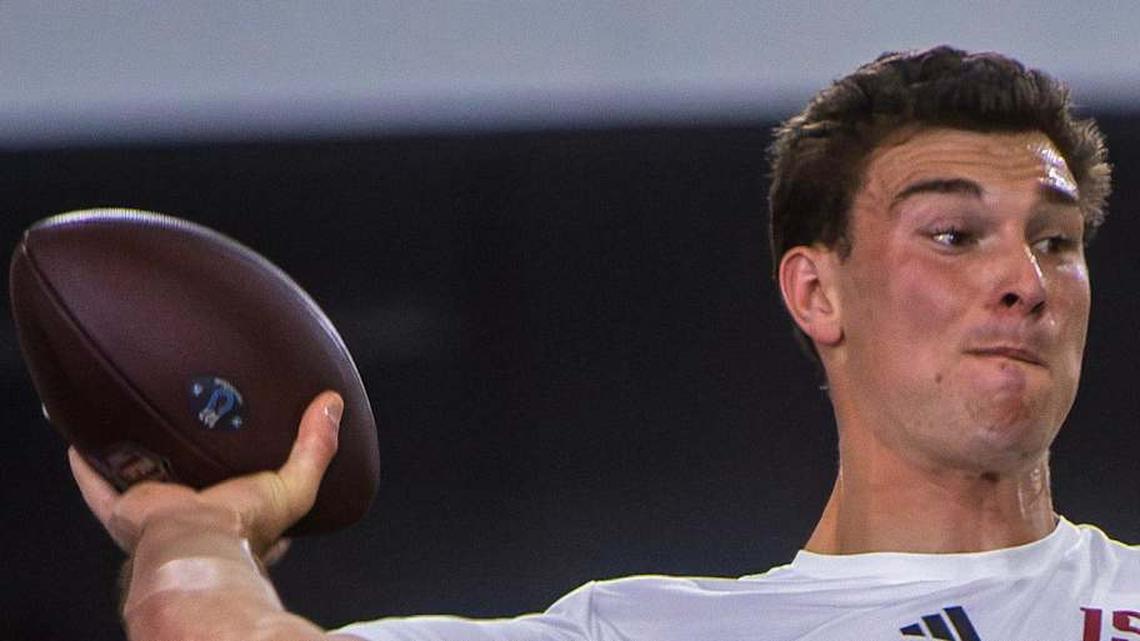  Fernando Mendoza participates in Indiana University's Pro Day at Mellencamp Pavilion on Wednesday, April 1, 2026. | Rich Janzaruk/Herald-Times / USA TODAY NETWORK via Imagn Images 