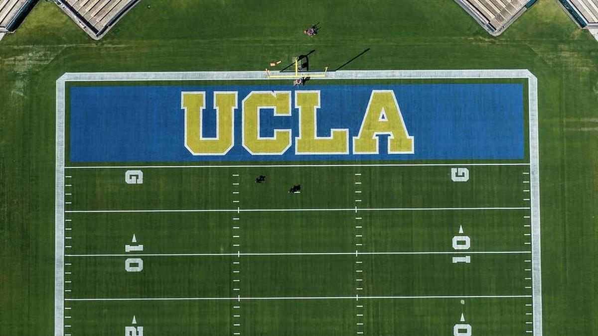  May 2, 2026; Pasadena, CA, USA; A general overall view of the UCLA Bruins logo in the end zone at the Rose Bowl. Mandatory Credit: Kirby Lee-Imagn Images | Kirby Lee-Imagn Images 