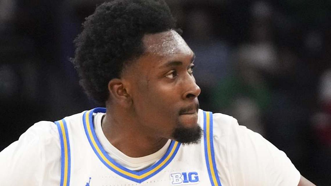  Mar 14, 2026; Chicago, IL, USA; UCLA Bruins center Xavier Booker (1) reacts after making a three point basket against the Purdue Boilermakers during the first half at United Center. Mandatory Credit: David Banks-Imagn Images | David Banks-Imagn Images 