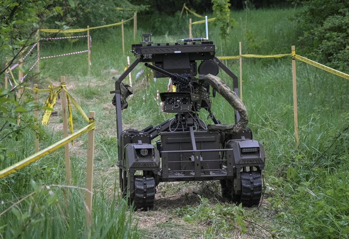 An unmanned ground vehicle (UGV) races at the Wild Drones competition, amid Russia's attack on Ukraine, in the town of Truskavets, Lviv region, Ukraine May 20, 2026. REUTERS/Stringer