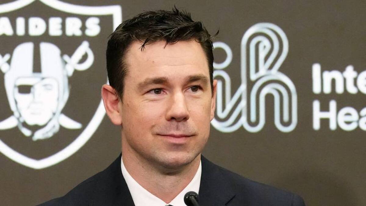  Feb 10, 2026; Henderson, NV, USA; Las Vegas Raiders coach Klint Kubiak speaks at introductory press conference at Intermountain Health Performance Center. Mandatory Credit: Kirby Lee-Imagn Images | IMAGN IMAGES via Reuters Connect 
