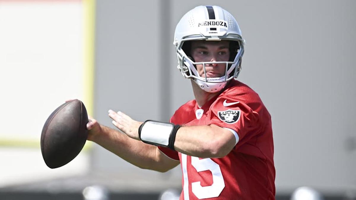  May 2, 2026; Henderson, NV, USA; Las Vegas Raiders quarterback Fernando Mendoza (15) runs through a drill during a Rookie Minicamp at Intermountain Health Performance Center. Mandatory Credit: Candice Ward-Imagn Images | Candice Ward-Imagn Images 