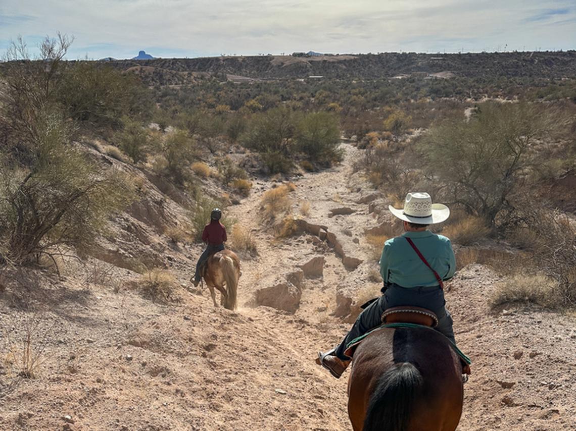 Ky, the wrangler, and author on a ride in the Sonoran Desert. Photo credit: Conan, a guest