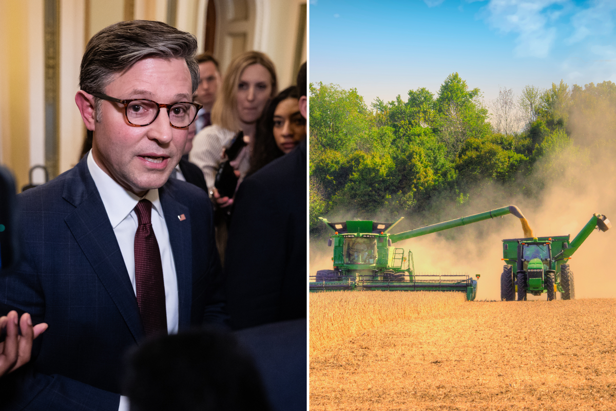  House Speaker Mike Johnson (left) and a stock image of a grain harvest in Howard County, Indiana, in 2022 (right). 